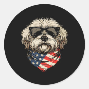 Pegatina Redonda Shih Tzu Americano Patriótico Bandera De Usa Perro