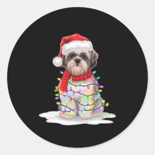 Pegatina Redonda Shih Tzu Árbol de Navidad Cute Santa Hat enciende