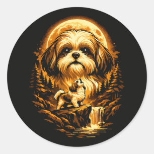 Pegatina Redonda Shih Tzu Aullando a La Luna Perro Divertido