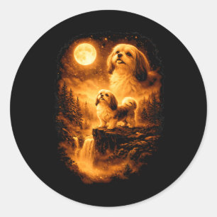Pegatina Redonda Shih Tzu Aullando a La Luna Vintage 90s Perro Dive