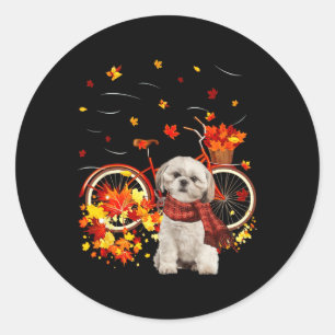 Pegatina Redonda Shih Tzu Bike Otoño Hoja de Perro Caer Diversión C