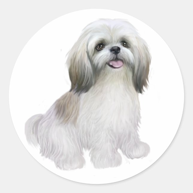 Pegatina Redonda Shih Tzu - Blanco con canto gris (Anverso)