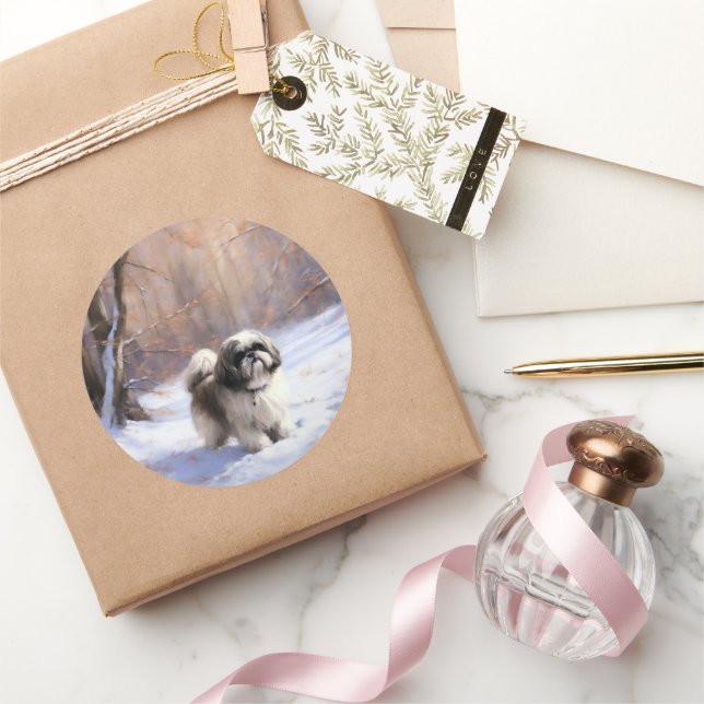 Pegatina Redonda Shih Tzu Deja que nieve Navidad (Regalar)