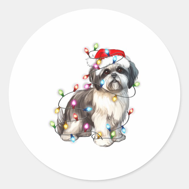 Pegatina Redonda Shih Tzu Dog Christmas Lights Xmas Cute  (Anverso)