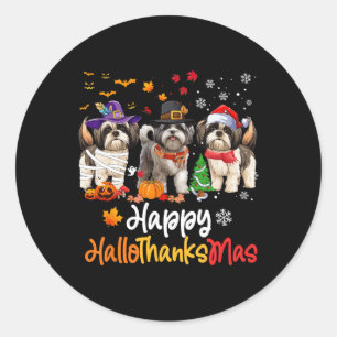 Pegatina Redonda Shih Tzu Dog Halloween Navidades Felices Hallograc