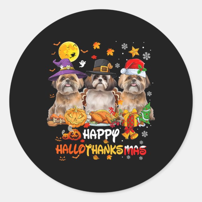 Pegatina Redonda Shih Tzu Dog Happy Halloween Acción de Gracias Mer (Anverso)