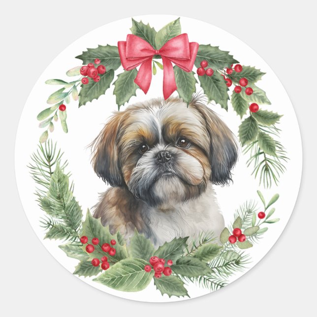 Pegatina Redonda Shih Tzu Dog Red Bow Holly Wreath (Anverso)