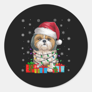 Pegatina Redonda Shih Tzu Dog Ugly Xmas Luces Santa Shih Tzu Dog C