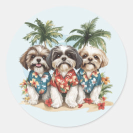 Pegatina Redonda Shih Tzu Dogs con Camisetas hawaianos