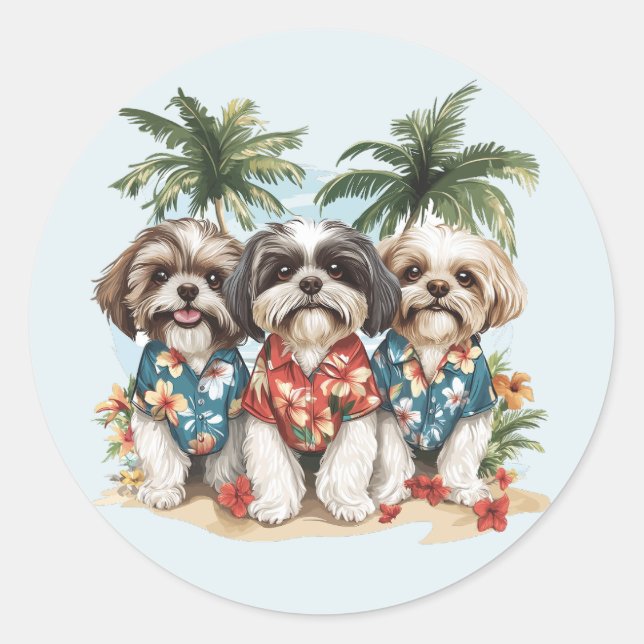 Pegatina Redonda Shih Tzu Dogs con Camisetas hawaianos (Anverso)