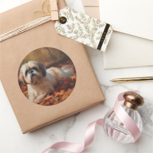 Pegatina Redonda Shih Tzu en Otoño Hojas que Caen Inspiran