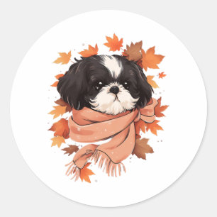 Pegatina Redonda Shih Tzu Fall Dog otoño deja una copia del día de