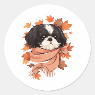 Pegatina Redonda Shih Tzu Fall Dog otoño deja una copia del día de