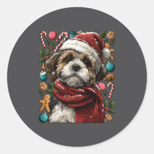 Pegatina Redonda Shih Tzu Festivo Con Sombrero De Santa Invierno Ne