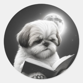 Pegatina Redonda Shih Tzu leyendo un libro