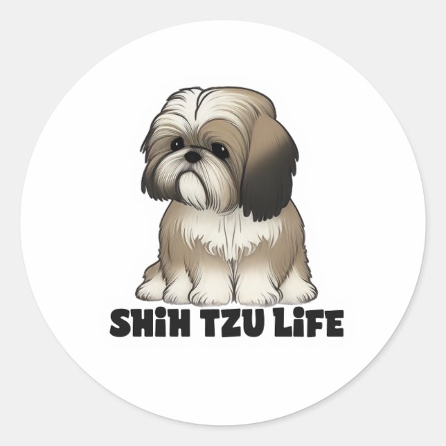 Pegatina Redonda Shih Tzu Life - Cute Dog Illustration (Anverso)