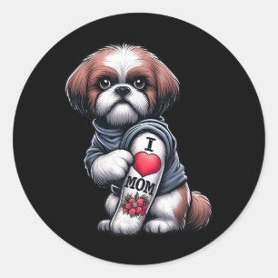 Pegatina Redonda Shih Tzu Mama I Love Mom Shih Tzu Dog Tattoo Fur P