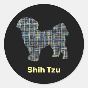 Pegatina Redonda Shih Tzu Perro Silhouette Líneas de Cuadrícula Ama