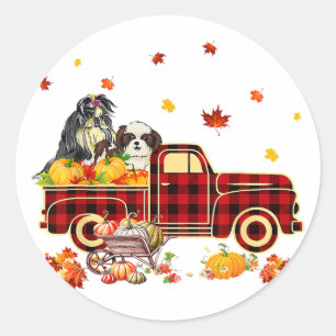 Pegatina Redonda Shih Tzu Pumpkin Truck   Fall Leaf Thanksgiving
