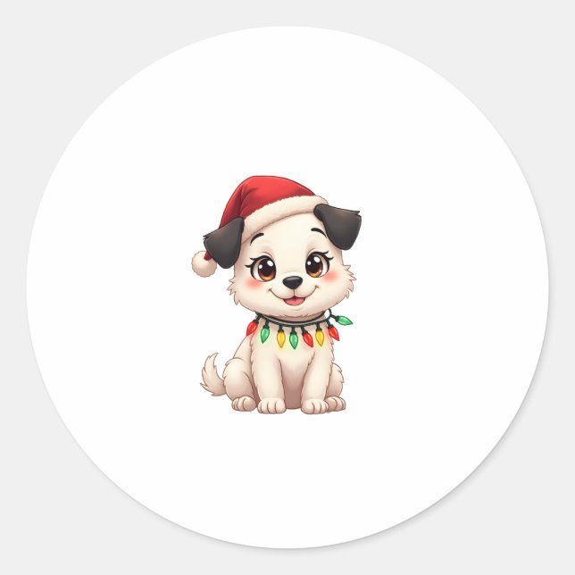 Pegatina Redonda Shih Tzu Santa Christmas Tree Lights Xmas Dog Love (Anverso)
