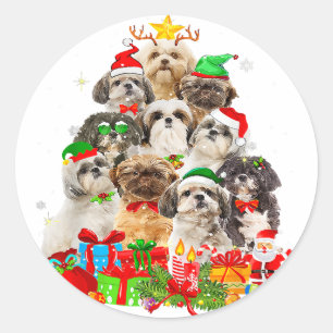 Pegatina Redonda Shih Tzu Santa Hat   Regalo de luces Navidades