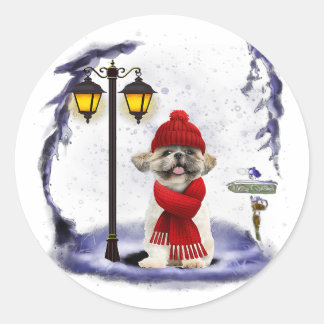 Pegatina Redonda Shih Tzu Santa Nieve Navidades ligeros regalo de i