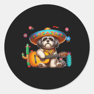 Pegatina Redonda Shih Tzu Sombrero Guitarra Mexicana Cinco De Mayo