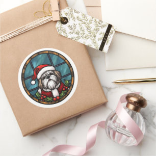 Pegatina Redonda Shih Tzu StainGlass Navidades