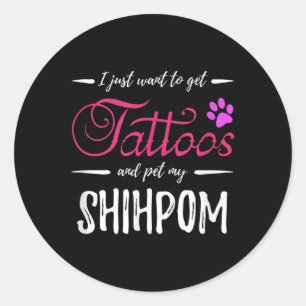 Pegatina Redonda Shihpom Dog Lover Tattoo Divertida Perra Mamá Rega
