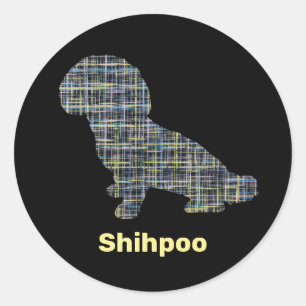 Pegatina Redonda Shihpoo Dog Silhouette Líneas de Cuadrícula Amaril