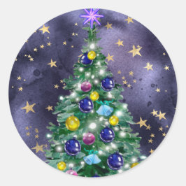 Pegatina Redonda Shiny Christmas tree with bright colored baubles