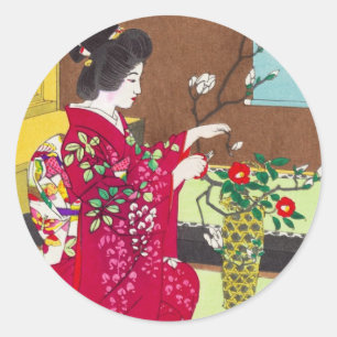 Pegatina Redonda Shiro Kasamatsu Ikebana flores japonesas escena se