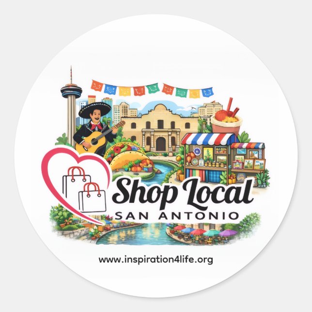 Pegatina Redonda Shop Local San Antonio (Anverso)