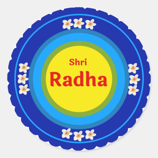 Pegatina Redonda Shri Radha en inglés en Vrindavan (Anverso)