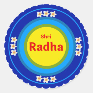 Pegatina Redonda Shri Radha en inglés en Vrindavan