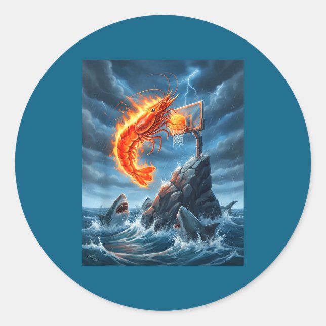 Pegatina Redonda Shrimp Dunking On Shark Funny Fishing Meme Basketb (Anverso)
