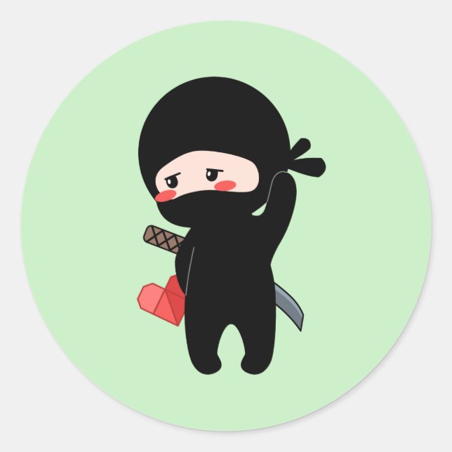 Pegatina Redonda Shy Blushing Ninja Holding Origami Paper Heart (Anverso)