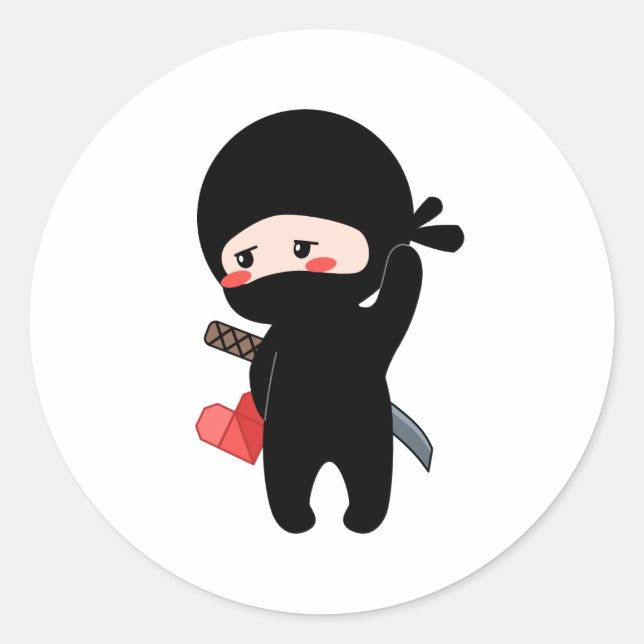Pegatina Redonda Shy Blushing Ninja Holding Origami Paper Heart (Anverso)