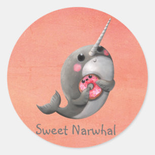Pegatina Redonda Shy Narwhal con Donut