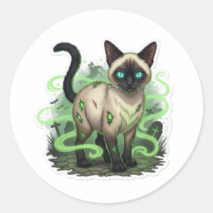 Pegatina Redonda Siamés zombi - Halloween con un gato siamés espelu