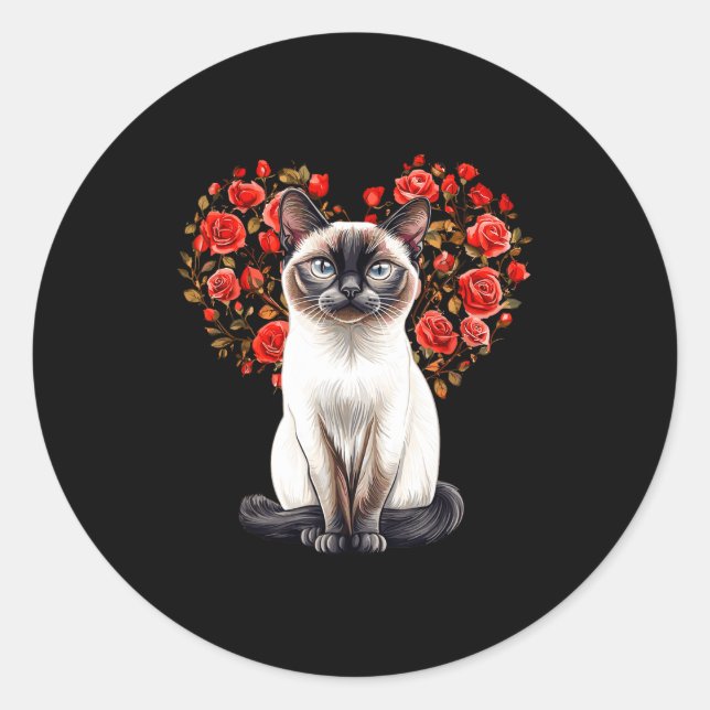 Pegatina Redonda Siamese Cat Lover Floral Heart Valentines Day  (Anverso)