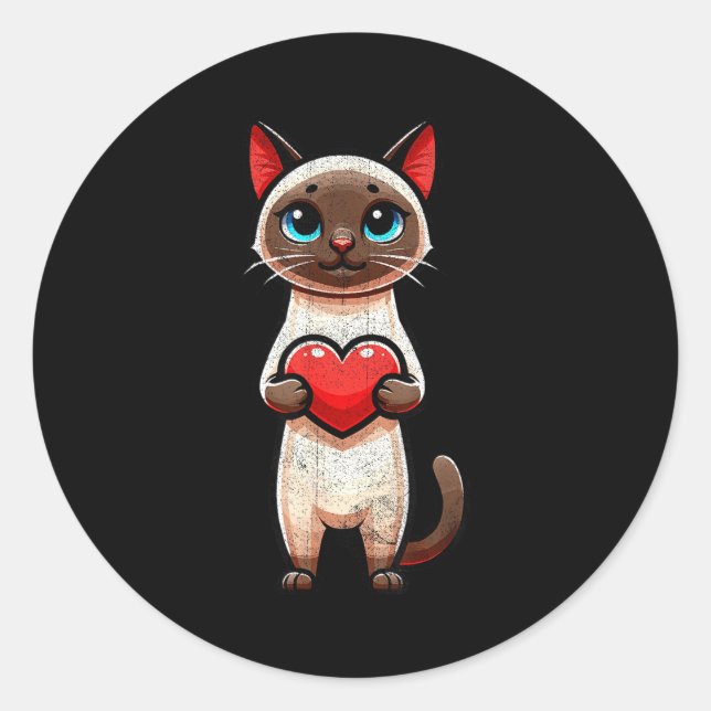 Pegatina Redonda Siamese Cat Valentines Heart Lover Funny Boys Girl (Anverso)