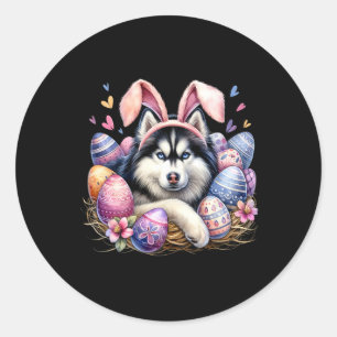 Pegatina Redonda Siberian Husky Dog Bunny Ears Easter Day