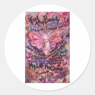 Pegatina Redonda Siente mi belleza Ángel de Cáncer Rosa