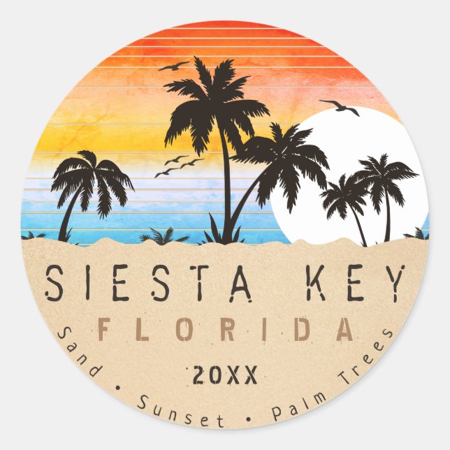 Pegatina Redonda Siesta Key Florida Beach Retro Sunset Souvenir 80 (Anverso)