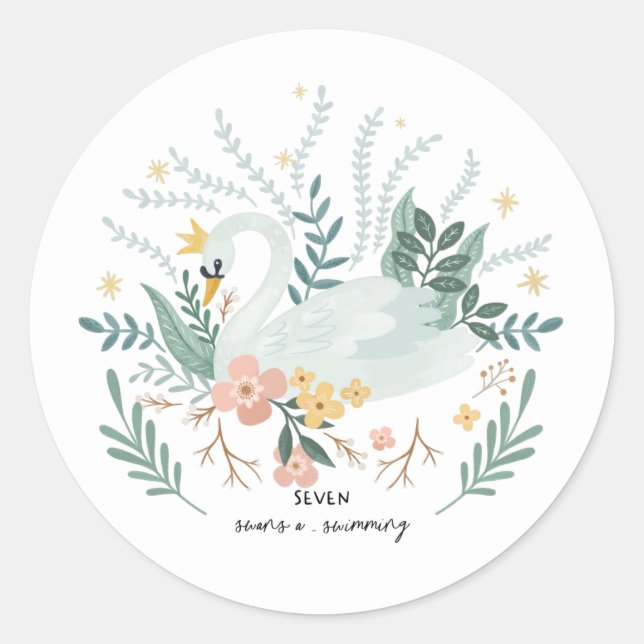 Pegatina Redonda Siete Cisnes a nado 12 días de Navidades populares (Anverso)