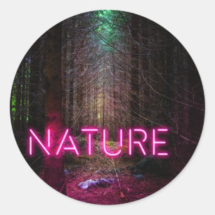 Pegatina Redonda Signo de neón magenta de la naturaleza misteriosa