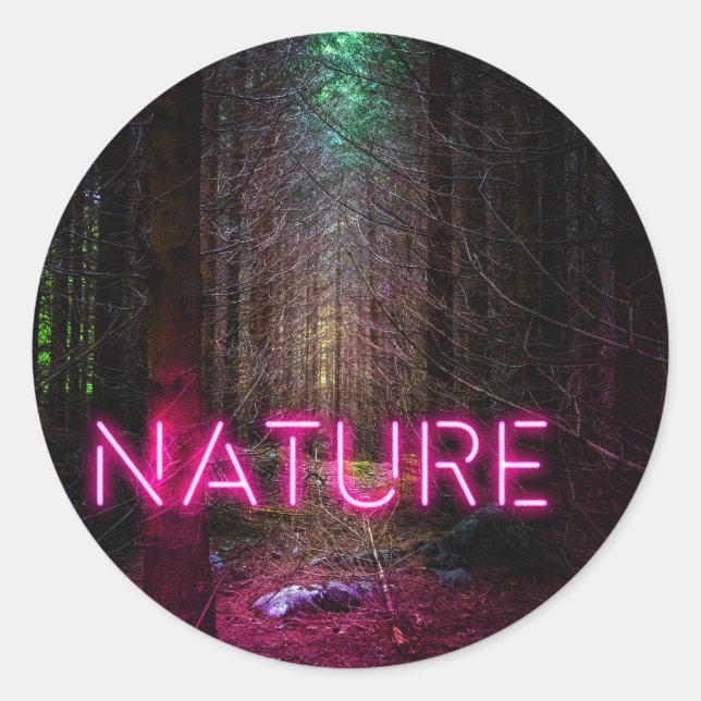 Pegatina Redonda Signo de neón magenta de la naturaleza misteriosa  (Anverso)