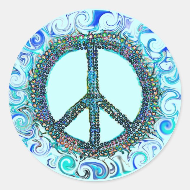 Pegatina Redonda Signo de paz con olas azules (Anverso)
