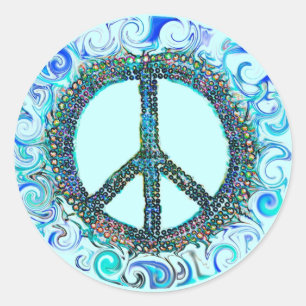Pegatina Redonda Signo de paz con olas azules